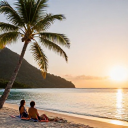 Caribbean Holidays, Saint Lucia Wellness, A tranquil Saint Lucia beach at sunrise in March, calm turquoise water, soft golden light, palm trees and a quiet couple relaxing
