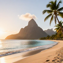 Caribbean Holidays, Saint Lucia Wellness, A tranquil Saint Lucia beach at sunrise with calm turquoise water, soft golden light and palm trees