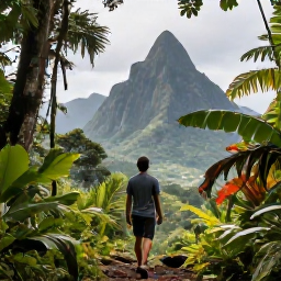 Caribbean Holidays, Saint Lucia Wellness, A traveller walking through a lush Saint Lucia rainforest towards a scenic viewpoint, with tropical plants and distant mountains