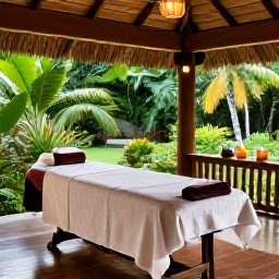 Caribbean Holidays, Saint Lucia Wellness, An elegant Saint Lucia spa surrounded by lush tropical gardens, treatment room open to greenery, candles, towels and natural Caribbean light