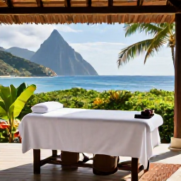 Caribbean Holidays, Saint Lucia Wellness, An open-air Caribbean spa treatment beside the sea in Saint Lucia, with a massage table, tropical greenery and natural materials