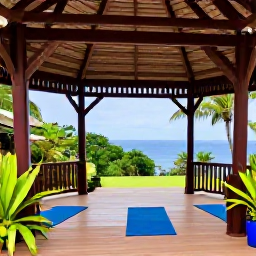 Caribbean Holidays, Saint Lucia Wellness, An open-air wellness pavilion in Saint Lucia surrounded by lush greenery, with yoga mats, tropical plants and distant sea views