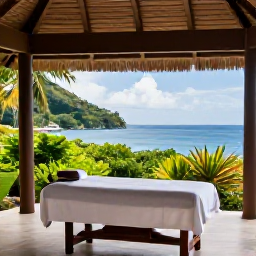 Caribbean Holidays, Saint Lucia Wellness, An open-air wellness treatment beside the sea in Saint Lucia, shaded treatment pavilion, tropical greenery, massage table and calm ocean view