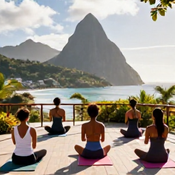 Caribbean Holidays, Saint Lucia Wellness, An open-air yoga session overlooking Saint Lucia's green hills and Caribbean coastline in warm February sunshine