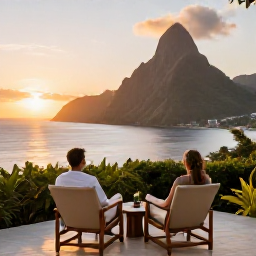 Caribbean Holidays, Saint Lucia Wellness, Couple relaxing in comfortable chairs on a quiet Saint Lucia terrace at sunset, overlooking the sea and volcanic hills