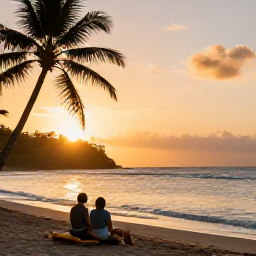Caribbean Holidays, Saint Lucia Wellness, Couple relaxing on a quiet Saint Lucia beach at sunset, gentle waves, warm sky and palm silhouettes