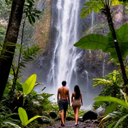 Caribbean Holidays, Saint Lucia Wellness, Couple walking through lush Saint Lucian rainforest towards a waterfall, with tropical plants and soft natural light