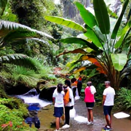 Caribbean Holidays, Saint Lucia Wellness, Gentle rainforest walk in Saint Lucia during September, visitors beside tropical plants and a small waterfall, natural green scenery