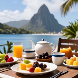 Caribbean Holidays, Saint Lucia Wellness, Healthy Caribbean breakfast with tropical fruit, fresh juice and local ingredients on a shaded terrace overlooking Saint Lucia