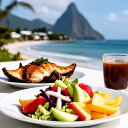 Caribbean Holidays, Saint Lucia Wellness, Healthy Caribbean lunch in Saint Lucia with fresh fruit, colourful salad, grilled fish and ocean view