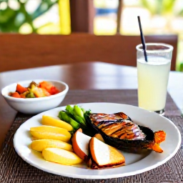 Caribbean Holidays, Saint Lucia Wellness, Healthy Caribbean lunch with fresh fruit, vegetables, grilled fish and coconut water at a shaded Saint Lucia restaurant