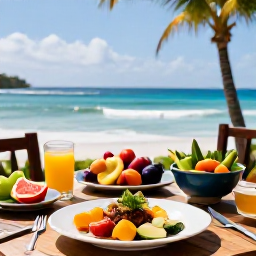 Caribbean Holidays, Saint Lucia Wellness, Healthy colourful Saint Lucian lunch on a shaded terrace overlooking the Caribbean Sea, with fresh fruit and local vegetables