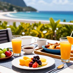 Caribbean Holidays, Saint Lucia Wellness, Healthy Saint Lucian breakfast with tropical fruit, fresh juice and local ingredients on a sunny terrace