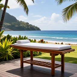 Caribbean Holidays, Saint Lucia Wellness, Open-air Saint Lucia spa beside the sea, treatment table, tropical plants, natural wood and a relaxed September afternoon