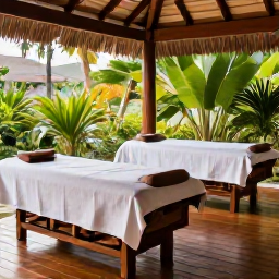 Caribbean Holidays, Saint Lucia Wellness, Open-air Saint Lucia spa surrounded by tropical greenery, with treatment beds, natural wood and soft afternoon light