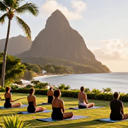 Caribbean Holidays, Saint Lucia Wellness, Open-air yoga session overlooking Saint Lucia coastline, tropical greenery, soft morning light and peaceful atmosphere