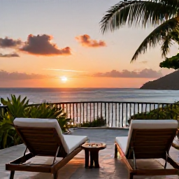 Caribbean Holidays, Saint Lucia Wellness, Peaceful Saint Lucia resort terrace at sunset in September, comfortable loungers, tropical foliage and a view across the Caribbean Sea