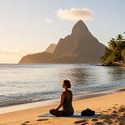 Caribbean Holidays, Saint Lucia Wellness, Person enjoying a peaceful yoga session on a Saint Lucia beach at sunrise, with calm sea, palm trees and volcanic hills