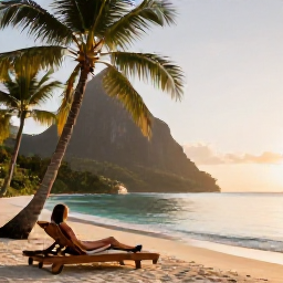 Caribbean Holidays, Saint Lucia Wellness, Quiet Caribbean beach in Saint Lucia at sunrise, palm trees, calm turquoise water and a woman relaxing on a wooden lounger