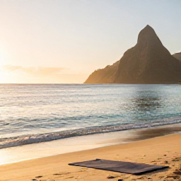 Caribbean Holidays, Saint Lucia Wellness, Quiet Saint Lucia beach at sunrise with soft golden light, calm turquoise sea and a yoga mat on the sand