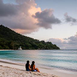 Caribbean Holidays, Saint Lucia Wellness, Quiet Saint Lucia cove at dusk with a couple sitting near the shoreline, soft clouds and lush hills in the background