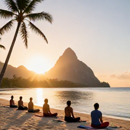 Caribbean Holidays, Saint Lucia Wellness, Small group yoga session on a Saint Lucia beach at sunrise, with palms, volcanic hills and calm water in the background