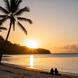 Caribbean Holidays, Saint Lucia Wellness, Sunset over a calm Saint Lucia bay, with a quiet beach, palm silhouettes and a couple relaxing near the shoreline