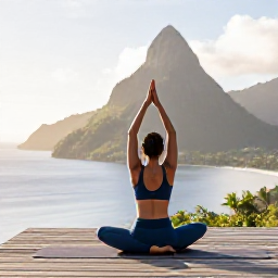Caribbean Holidays, Saint Lucia Wellness, Traveller practising gentle yoga on a wooden deck overlooking Saint Lucia&rsquo;s Caribbean coast, green hills and soft morning light