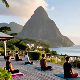 Caribbean Holidays, Saint Lucia Wellness, Visitors enjoying a gentle morning yoga session on a wooden deck overlooking the Pitons and Caribbean Sea in Saint Lucia