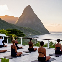 Caribbean Holidays, Saint Lucia Wellness, Visitors practising gentle yoga on a Saint Lucia terrace overlooking green hills and the Caribbean Sea in the morning