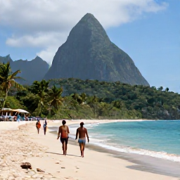 Caribbean Holidays, Saint Lucia Wellness, Visitors walking slowly along a quiet sandy beach in Saint Lucia, with rainforest-covered hills and the Pitons in the distance