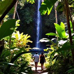 Caribbean Holidays, Saint Lucia Wellness, Visitors walking slowly through Saint Lucia rainforest near a waterfall, lush green leaves, tropical plants and dappled sunlight