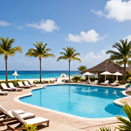 Caribbean Holidays, Saint Martin All Inclusive, Comfortable beachfront all-inclusive resort on Saint Martin, with swimming pool, sun loungers and palm trees