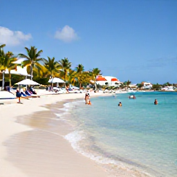 Caribbean Holidays, Saint Martin All Inclusive, Pristine Caribbean beach on Saint Martin with calm clear water, palm trees, sun loungers and people swimming