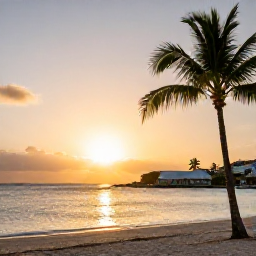 Caribbean Holidays, Saint Martin All Inclusive, Romantic Caribbean sunset viewed from a beachfront resort on Saint Martin, with palm trees and calm sea