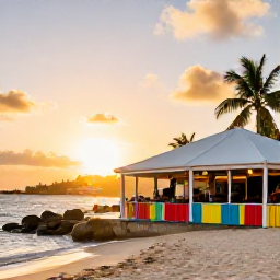 Caribbean Holidays, Saint Martin Beaches, A colourful seaside restaurant on Saint Martin serving fresh seafood beside a sandy Caribbean beach at sunset