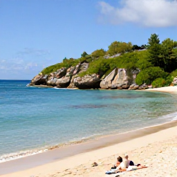 Caribbean Holidays, Saint Martin Beaches, A quiet secluded Caribbean cove on Saint Martin with calm clear water, rocky headland, green vegetation and a couple relaxing on the sand