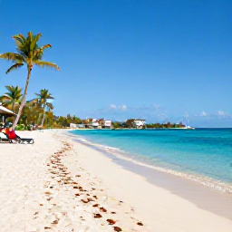 Caribbean Holidays, Saint Martin Beaches, A tranquil Caribbean beach on Saint Martin with soft white sand, calm clear water, palm trees and a few sun loungers