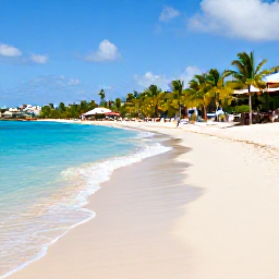 Caribbean Holidays, Saint Martin Beaches, A wide Caribbean beach on Saint Martin with clear turquoise water, soft white sand, palm trees and a relaxed holiday atmosphere