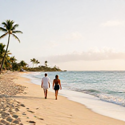Caribbean Holidays, Saint Martin Beaches, Couple walking along a quiet Saint Martin beach at golden hour, with gentle waves, palm trees and a peaceful Caribbean horizon