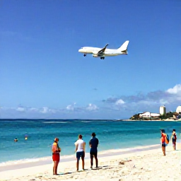Caribbean Holidays, Saint Martin Beaches, Maho Beach in Sint Maarten with visitors watching a passenger aeroplane flying low over the beach, tropical sea and sunny sky