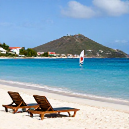 Caribbean Holidays, Saint Martin Beaches, Orient Bay Beach in Saint Martin with sun loungers, windsurfing, turquoise water and hills in the background