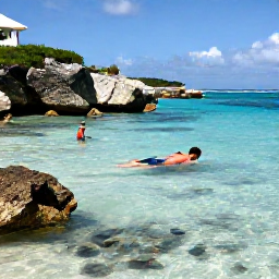 Caribbean Holidays, Saint Martin Beaches, Visitors snorkelling in clear shallow water near a rocky Caribbean cove on Saint Martin, with colourful fish and sunny skies