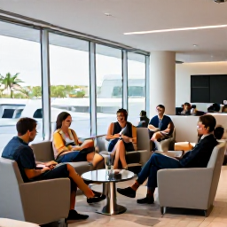 Caribbean Holidays, Saint Martin Business Class, Business class passengers relaxing in a modern airport lounge before a Caribbean flight to Saint Martin