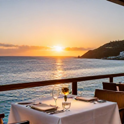 Caribbean Holidays, Saint Martin Business Class, Elegant sunset dinner overlooking the Caribbean Sea from a waterfront restaurant in Sint Maarten