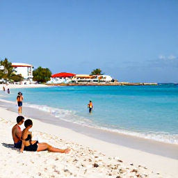 Caribbean Holidays, Saint Martin Business Class, Sunny February beach scene at Orient Bay in Saint Martin with turquoise water, white sand and relaxed holidaymakers