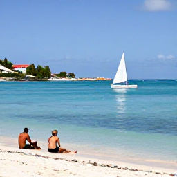 Caribbean Holidays, Saint Martin Business Class, Visitors enjoying a calm turquoise lagoon and a small sailing boat near the beaches of Saint Martin and Sint Maarten