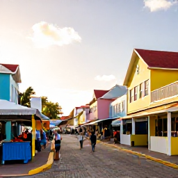 Caribbean Holidays, Saint Martin Culture, Colourful street scene in Marigot, Saint Martin, with local market stalls, Caribbean architecture and visitors exploring in warm sunshine