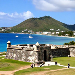 Caribbean Holidays, Saint Martin Culture, Historic Fort Louis overlooking Marigot Bay, with tropical hills, sailing boats and visitors exploring the stone ruins
