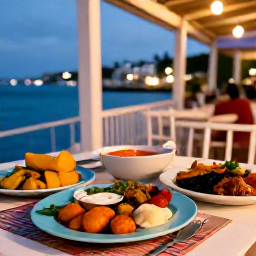 Caribbean Holidays, Saint Martin Culture, Traditional Caribbean food served at a lively waterfront restaurant in Grand Case, with colourful plates, local ingredients and a relaxed evening atmosphere